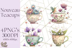 Art Nouveau Teacups and Teapots Clipart PNG Product Image 1