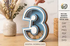 3D Number Piggy Bank Laser Cut. Money Box. Three SVG Product Image 1