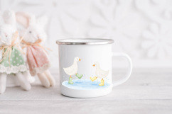 Storybook-style goose illustration with two geese in rain boots, splashing in a puddle, sized for digital and printable projects.