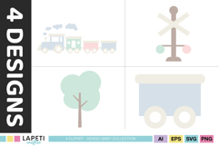 Nursery themed train illustrations in pastel colors