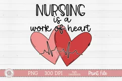 Nursing is a work of heart quote with two pink heartbeat hearts sublimation listing preview
