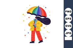 Woman holding rainbow umbrella with colorful raincoat and fl Product Image 1