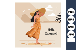 Woman in orange summer dress and wide hat on beach with star Product Image 1