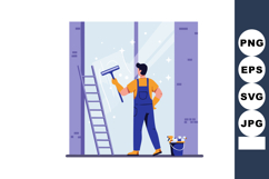 Window cleaner washing large glass pane with squeegee and bu Product Image 1