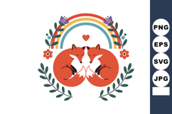 Two Red Foxes Sitting Peacefully with Rainbow and Floral Ele Product Image 1