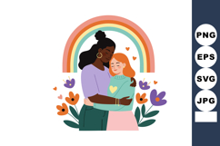 Diverse women hugging under rainbow with flowers and hearts Product Image 1