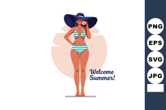 Woman in striped bikini with large navy hat holding flower s Product Image 1