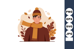 Young man wearing brown hat and scarf with autumn leaves bac Product Image 1