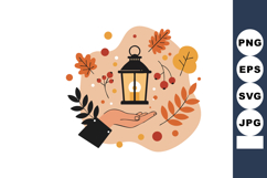 Hand holding autumn lantern with fall leaves and berries vec Product Image 1