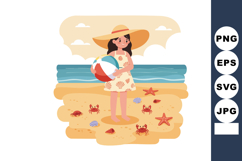 Girl holding beach ball on sandy sea shore with crabs and st Product Image 1