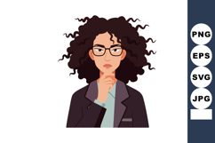 Woman with curly hair wearing glasses thinking in business a Product Image 1
