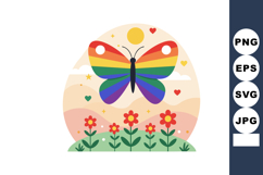 Rainbow butterfly flying over red flowers with sun and heart Product Image 1