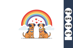 Two happy dogs sitting under rainbow with hearts love illust Product Image 1