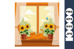 Orange Cat Stretching on Windowsill with Sunflowers and Blue Product Image 1