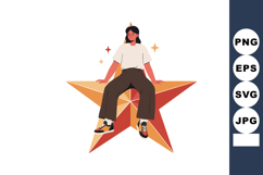 Young woman sitting on large orange star with casual outfit Product Image 1