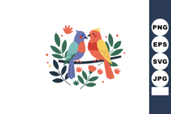 Two colorful birds sitting on branch with green leaves and o Product Image 1