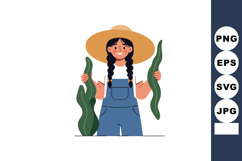 Female Farmer Holding Green Vegetables Wearing Wide Brim Hat Product Image 1
