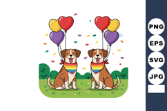 Two happy dogs with heart shaped balloons and rainbow scarve Product Image 1