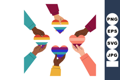 Diverse hands holding LGBTQ pride and love hearts symbols in Product Image 1