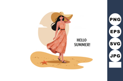Woman in floral dress and wide hat walking on summer beach w Product Image 1