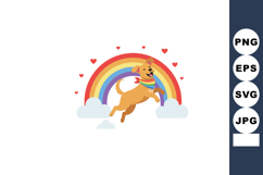 Happy dog jumping under a colorful rainbow with hearts and c Product Image 1