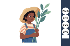 Young girl holding green plant leaves wearing blue overalls Product Image 1