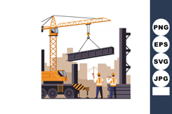 Construction workers operating yellow crane lifting steel be Product Image 1