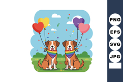 Two happy dogs with rainbow bandanas and colorful heart ball Product Image 1
