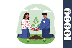 Couple planting young tree together in green garden environm Product Image 1