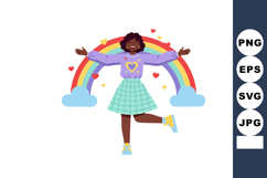 Happy woman with open arms standing in front of colorful rai Product Image 1