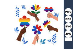 Hands holding colorful rainbow flowers with diverse skin ton Product Image 1