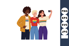 Diverse group of friends taking selfie wearing rainbow pride Product Image 1