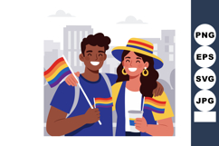 Diverse couple smiling with rainbow flags and pride accessor Product Image 1