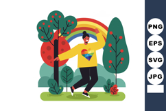 Woman Wearing Rainbow Heart Sweater Dancing Outdoors with Ra Product Image 1