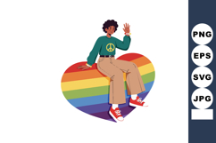 Person sitting on rainbow heart symbol promoting peace and l Product Image 1