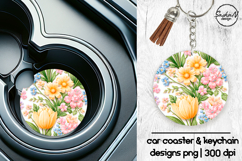 Spring flowers car coaster sublimation designs, Keychan png Product Image 1