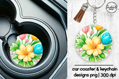 Spring flowers car coaster sublimation designs, Keychan png Product Image 1