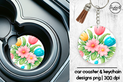 Spring flowers car coaster sublimation designs, Keychan png Product Image 1