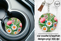 Spring flowers car coaster sublimation designs, Keychan png Product Image 1