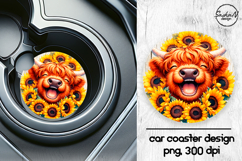 Highland cow with sunflowers car coasters sublimation design Product Image 1