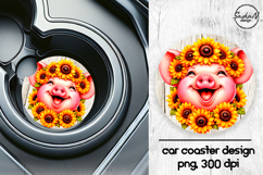 Cute pig with sunflowers car coasters sublimation designs Product Image 1