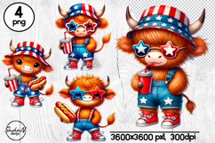 Patriotic highland cow png, Cute 4th of july clipart Product Image 1
