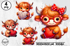 Cute Highland Cow Valentine Clipart, Cow with Heart Product Image 1