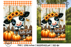 Hello fall garden flag sublimation designs, Cute cow png Product Image 1