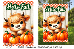 Hello fall garden flag sublimation designs, highland cow Product Image 1
