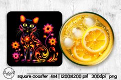 Neon floral cat square coaster sublimation Product Image 1