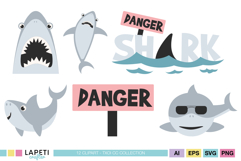 Shark attack clipart with fun warning signs and ocean elements for kids party decor