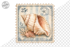 Ocean Breeze Seashell Vintage Postage Stamp PNG Art Product Image 1
