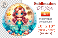 Cute little mermaid sitting by the sea with the full moon behind her, surrounded by seashells, sparkles, and fantasy ocean plants. Ideal for kids’ projects and sublimation crafts.