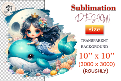Adorable ocean princess mermaid and whale PNG illustration for children’s room decor, birthday invitations, stickers, and under the sea-themed sublimation projects.